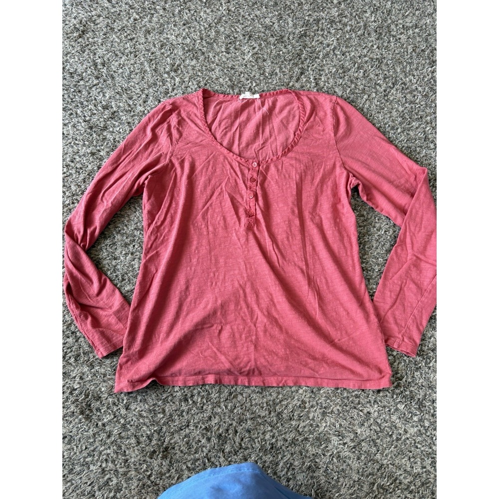 Eileen Fisher Pink Organic Cotton Knit Henley Scoop Neck Long Sleeve Top L